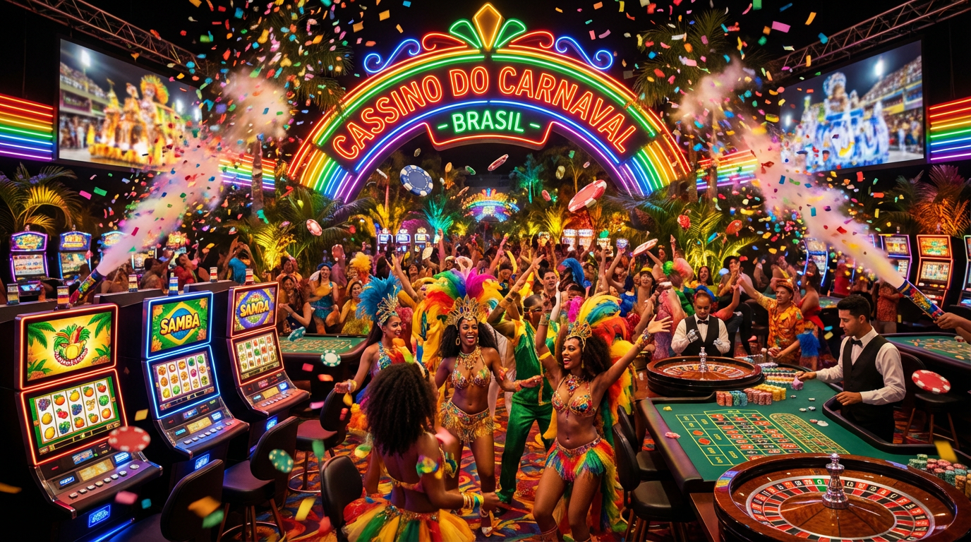 Cassino online afun com atmosfera festiva de carnaval brasileiro, luzes coloridas e jogadores celebrando